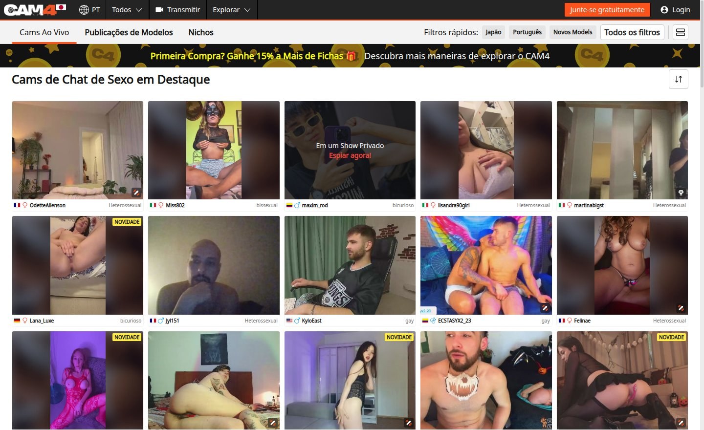 Home do CAM4 em português com filtros e grade de cams ao vivo